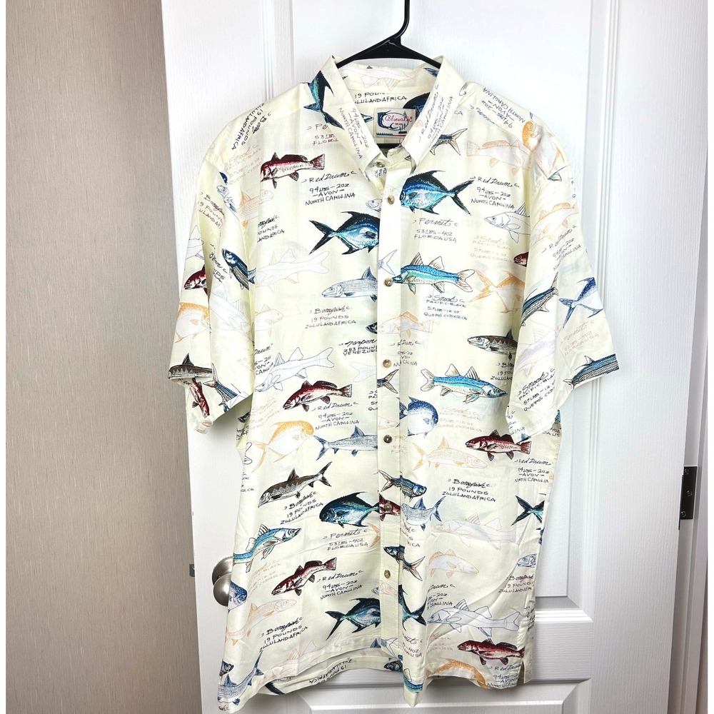 Vintage‎ Bluewater Wear Mens Fish Print Button Down Shirt USA Made Cream 2x